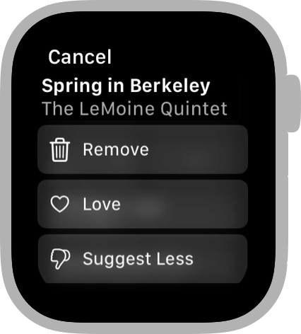 模态视图的屏幕截图,显示歌曲标题和艺术家,后跟三个按钮。 歌名是伯克利的春天,艺术家是勒莫因五重奏。 从顶部开始,按钮标题是“删除”、“喜欢.png