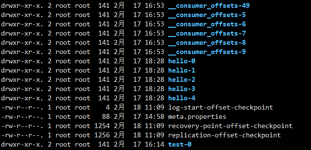 可以看到前面创建的hello topic的5个分区 image.png